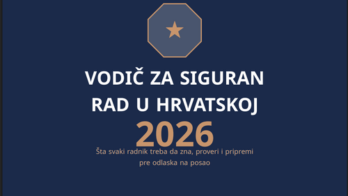 A dark navy blue cover or poster with centered text in Croatian reading 'VODIĆ ZA SIGURAN RAD U HRVATSKOJ 2026' and smaller white text below, plus a gold octagonal emblem with a star at the top.